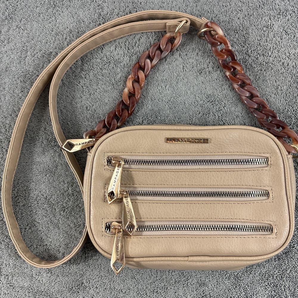 Rampage Crossbody Purse Small Beige Plastic Chain 3 Faux zip Front‎ Accent Y2K